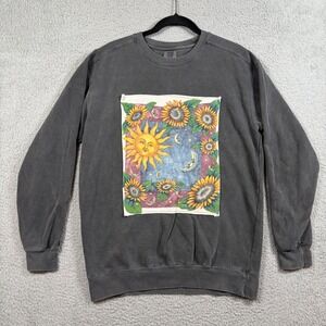 Boho Moon & Sun Mystical Sweatshirt M Sunflower Graphic Washed Gray Hippie Artsy